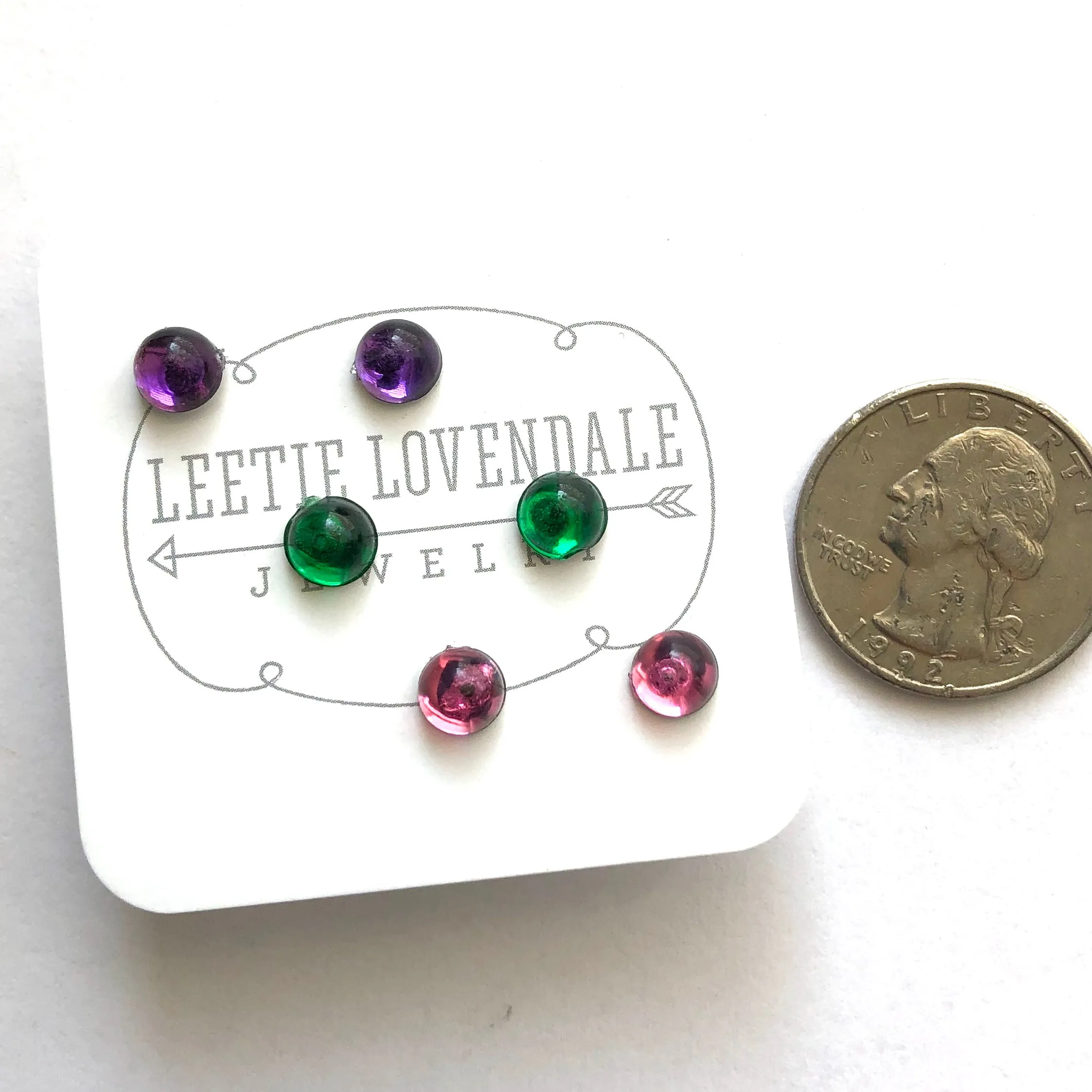 Pink Green & Purple Bling Dots Tiny Lucite Studs Set