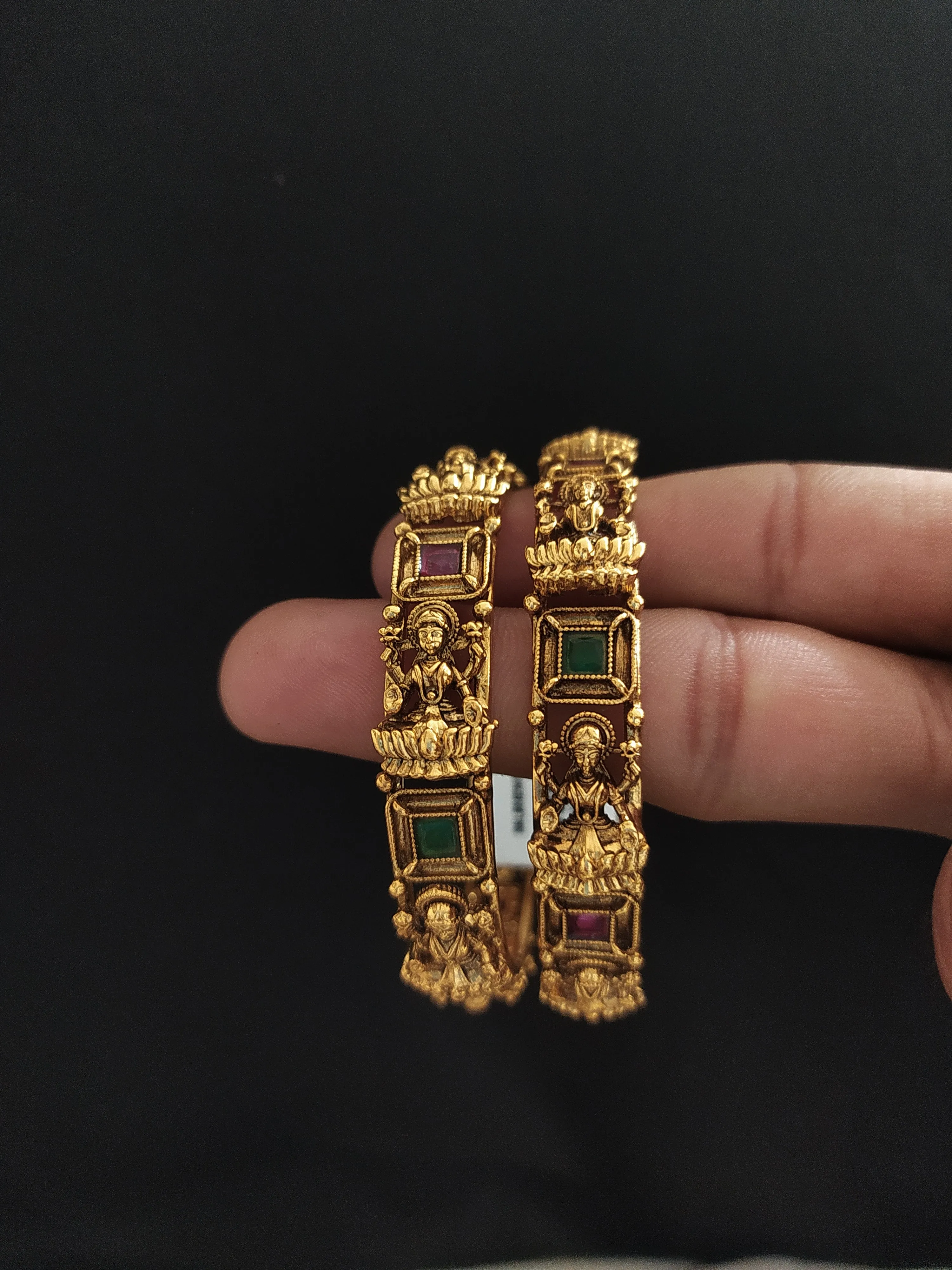 "Antique Gold Look Lakshmi Bangles with Kemp & Green Stones ~ Sizes 2.4, 2.6, 2.8, 2.10"