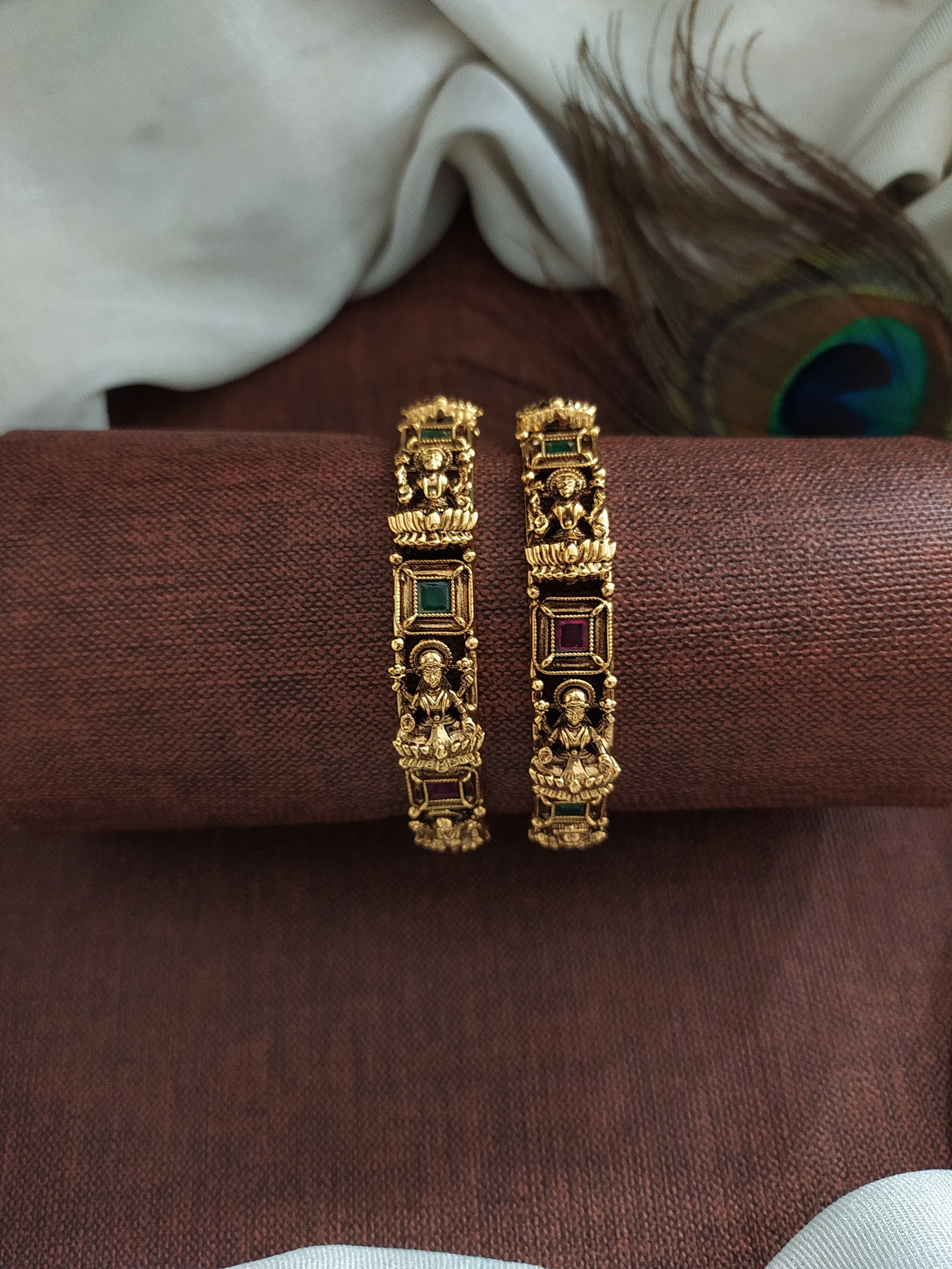 "Antique Gold Look Lakshmi Bangles with Kemp & Green Stones ~ Sizes 2.4, 2.6, 2.8, 2.10"