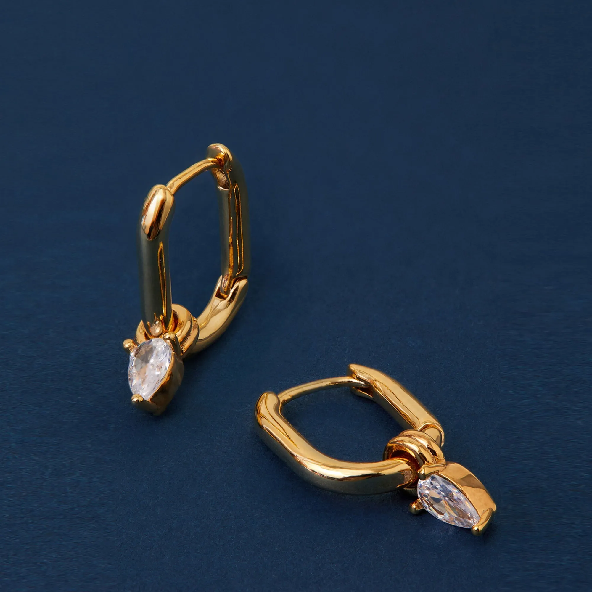 Real Gold Plated Cubic Zirconia Drop Square Hoops Earrings