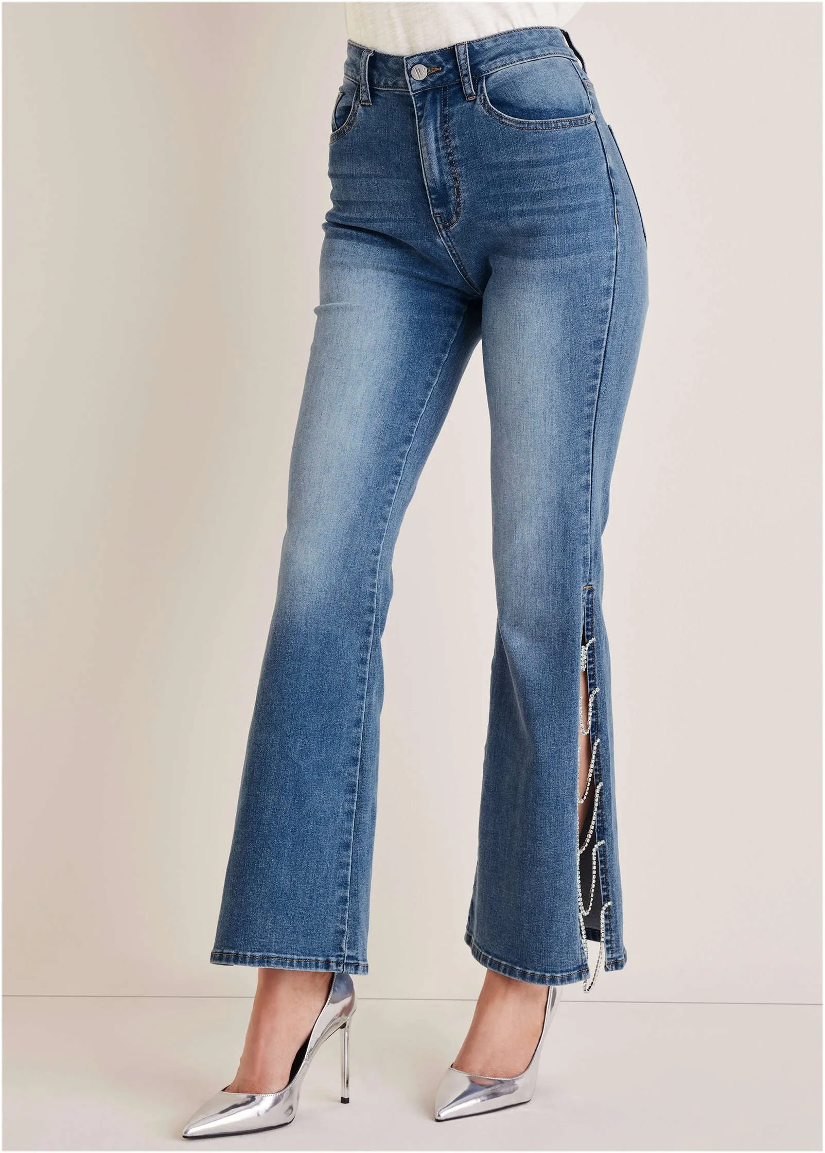 Rhinestone Flare Jeans  - Medium Wash