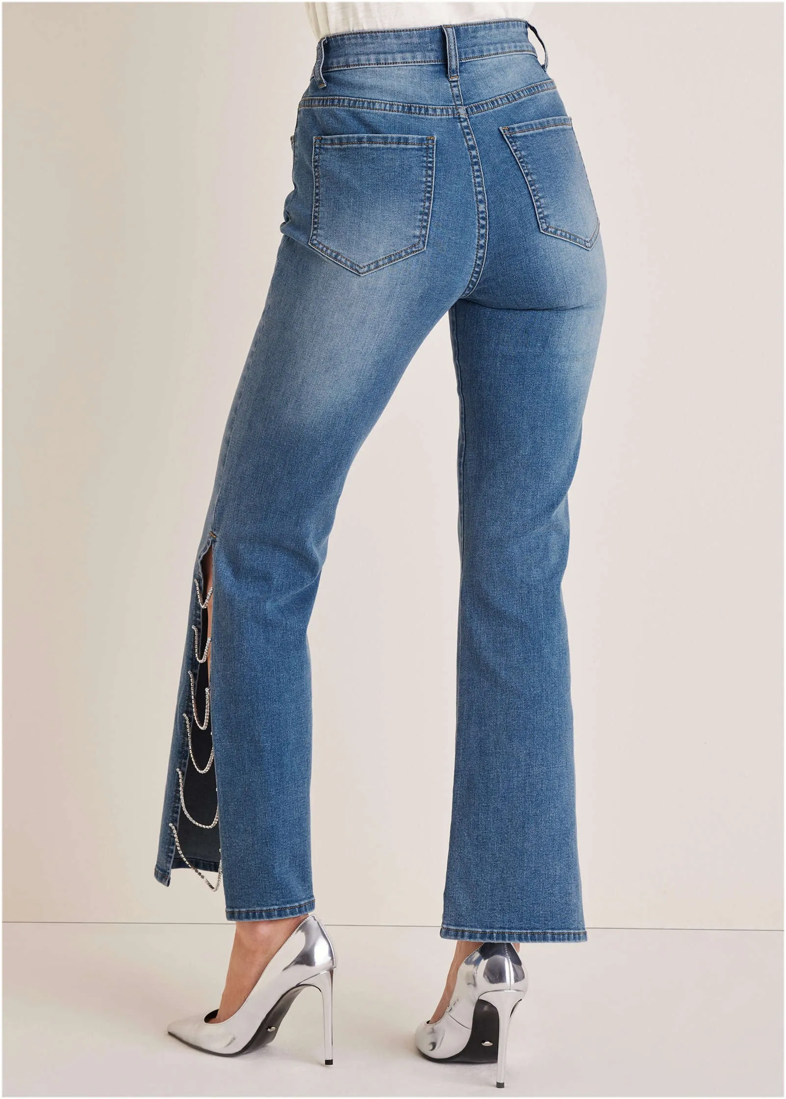 Rhinestone Flare Jeans  - Medium Wash