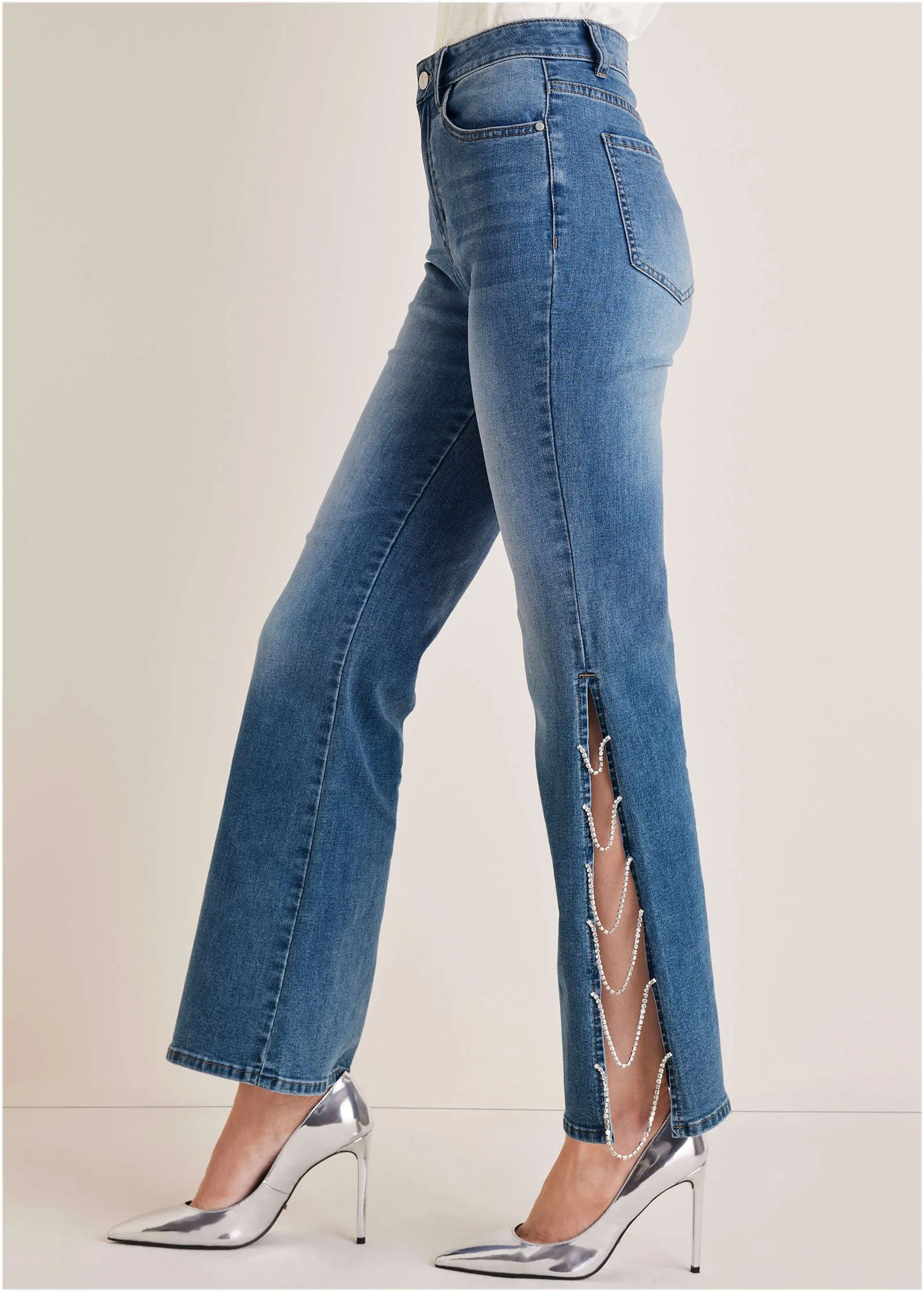 Rhinestone Flare Jeans  - Medium Wash