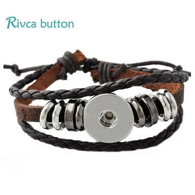 Rivca Snap Button Jewelry Leather Bracelets For Women Fit 18mm Snap Button Bracelet Men Casual Vintage Punk Bracelet P00734