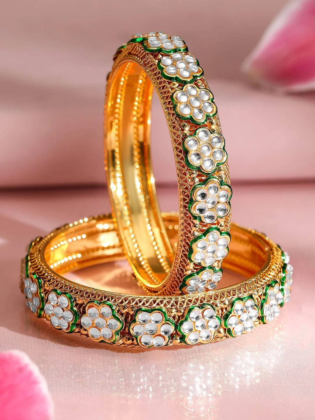 Rubans Set of 2, 22K Gold-Plated Floral Kundan Studded Bangles with Green Enamel Accents