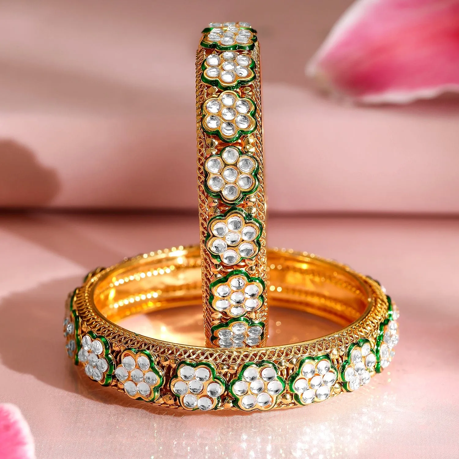 Rubans Set of 2, 22K Gold-Plated Floral Kundan Studded Bangles with Green Enamel Accents