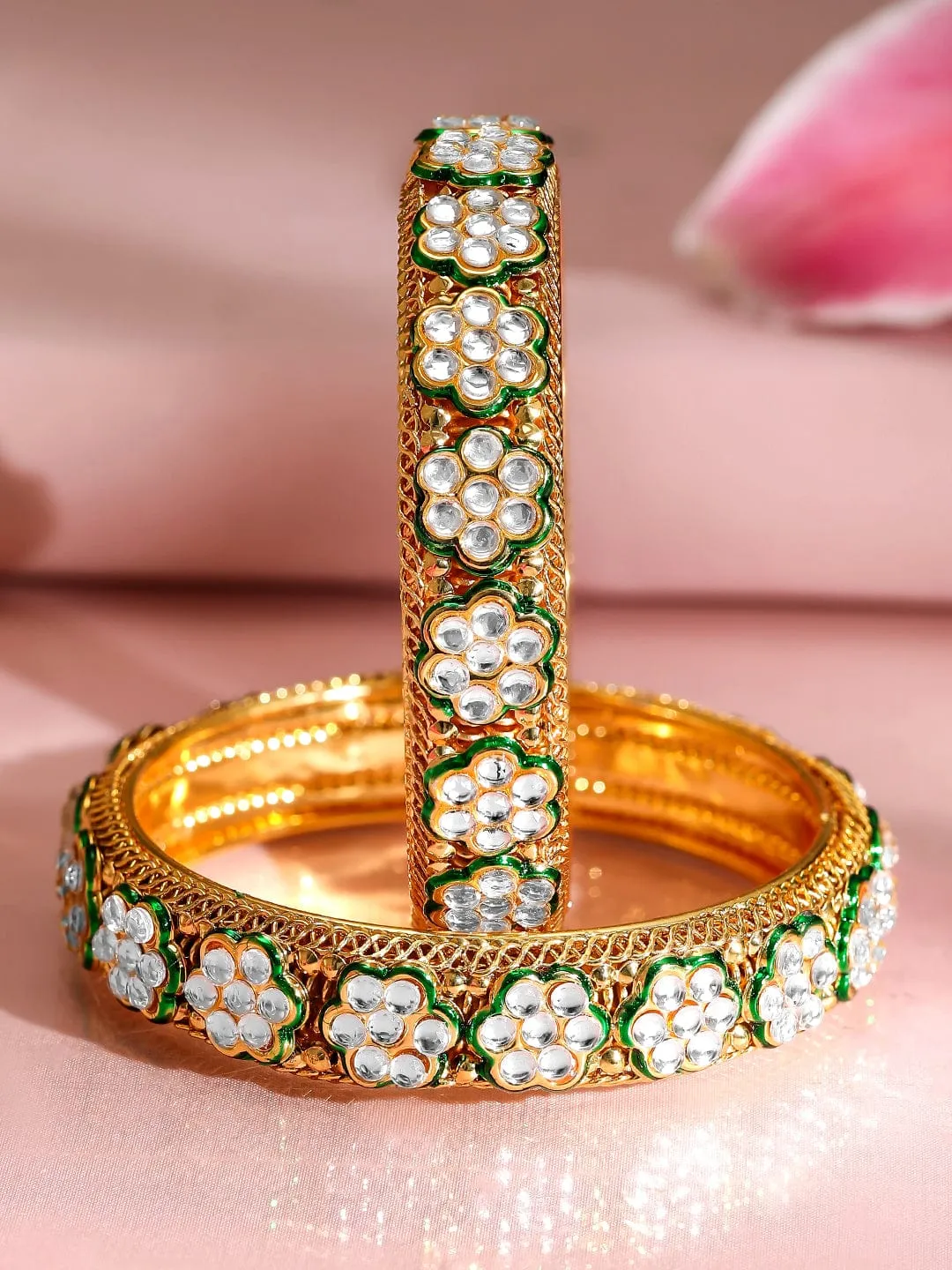 Rubans Set of 2, 22K Gold-Plated Floral Kundan Studded Bangles with Green Enamel Accents