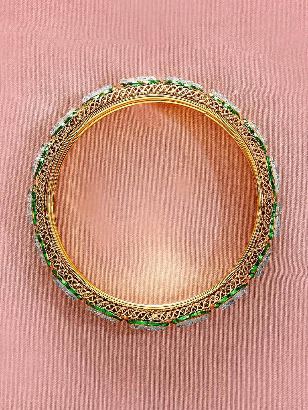 Rubans Set of 2, 22K Gold-Plated Floral Kundan Studded Bangles with Green Enamel Accents