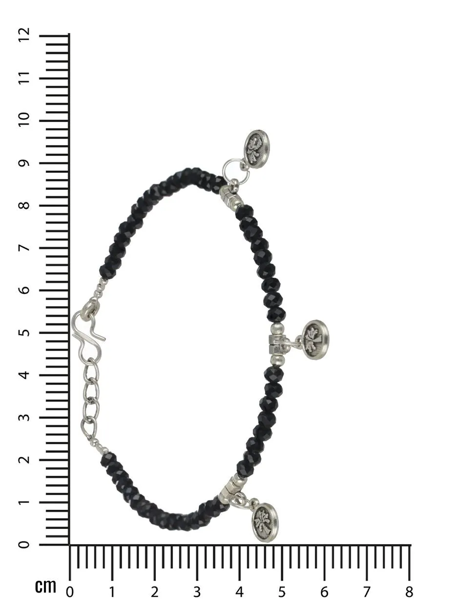 Set Of 2 Black & Silver Sun & Tree Charms Beaded Handcrafted Anklets