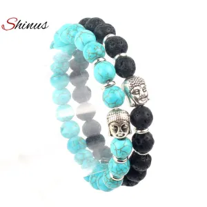 Shinus Strand Bracelet Men Buddha Natural Stone Couple Bead Bracelets Charm Buddhist Volcanic Rock Vintage Women Jewelry 2017