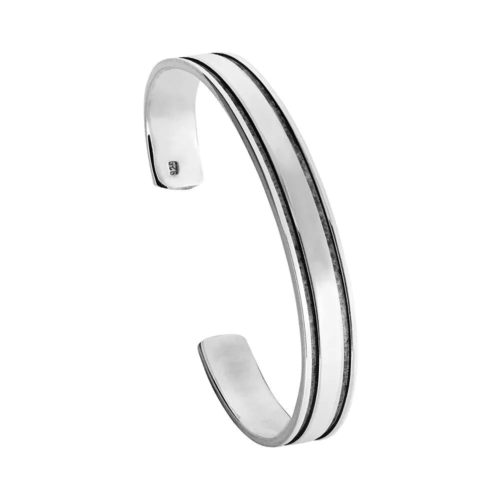 Silver Bangle Bracelet with Double Lines Sterling Silver, 8mm