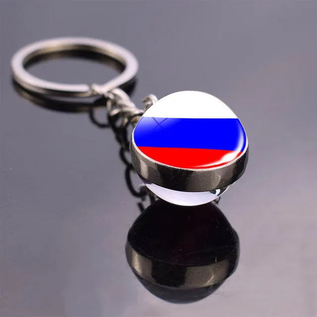 Soccer Keychain Double Side Glass Ball Pendant Top World Countries Flag Keyrings