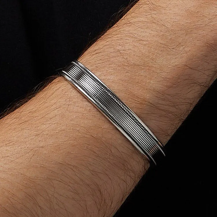 Solid 925 Sterling Silver Mens Cuff Bangle Bracelet