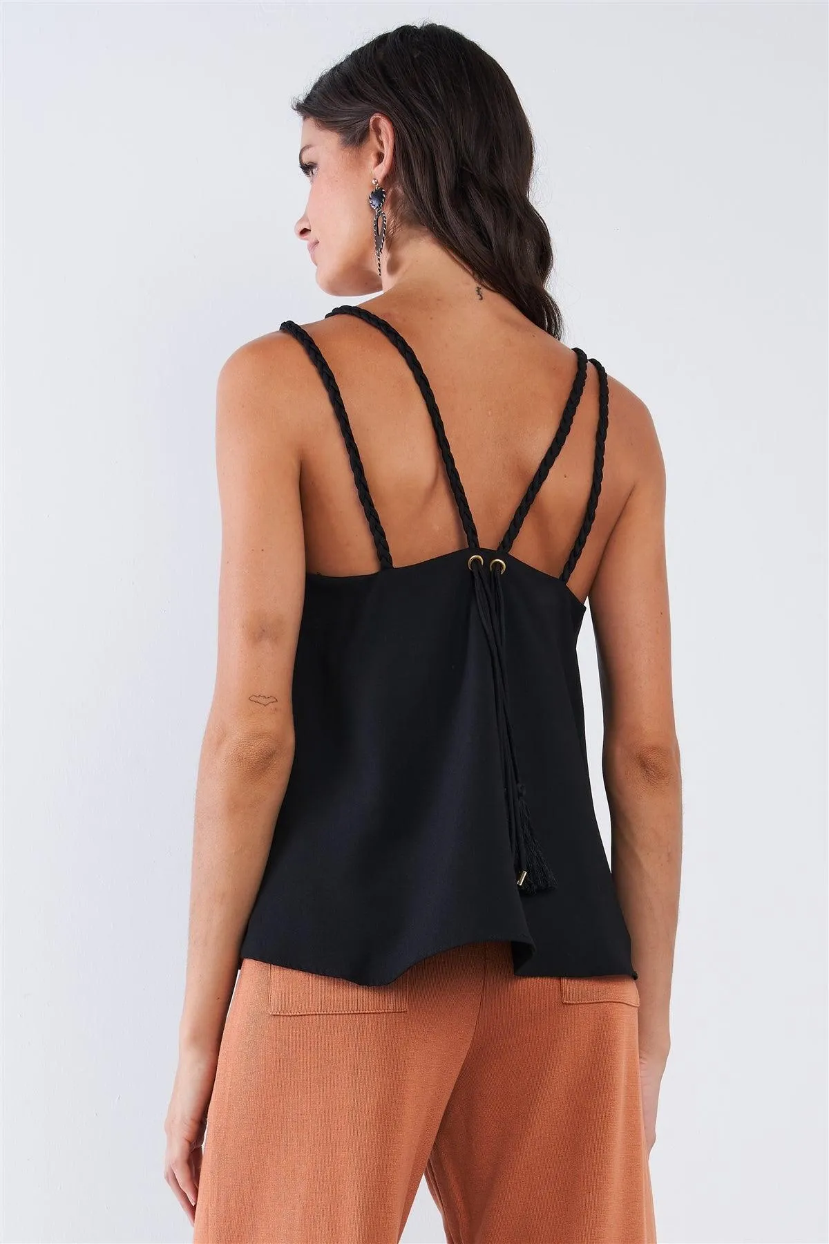 Solid Black Loose Fit Braided V-Neck Tassel Strap Cami Top