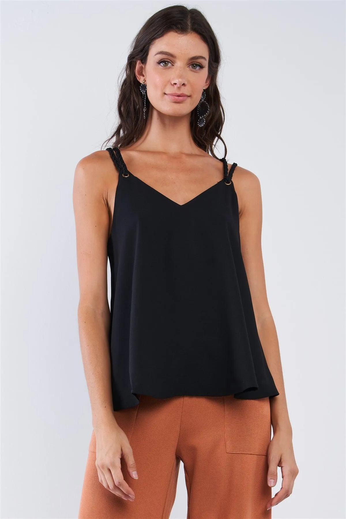 Solid Black Loose Fit Braided V-Neck Tassel Strap Cami Top