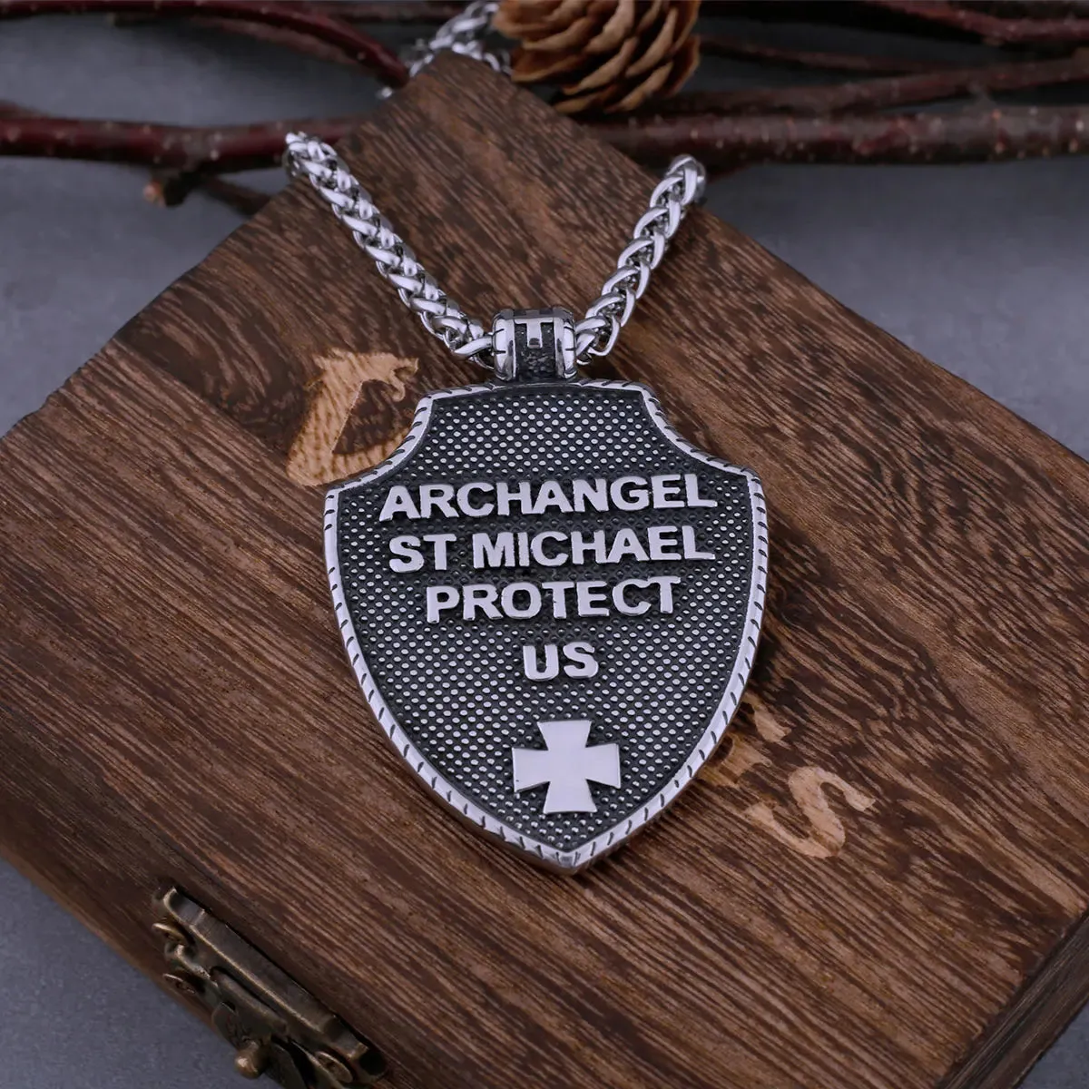 Stainless Steel Vintage St. Michael's Shield Viking Necklace