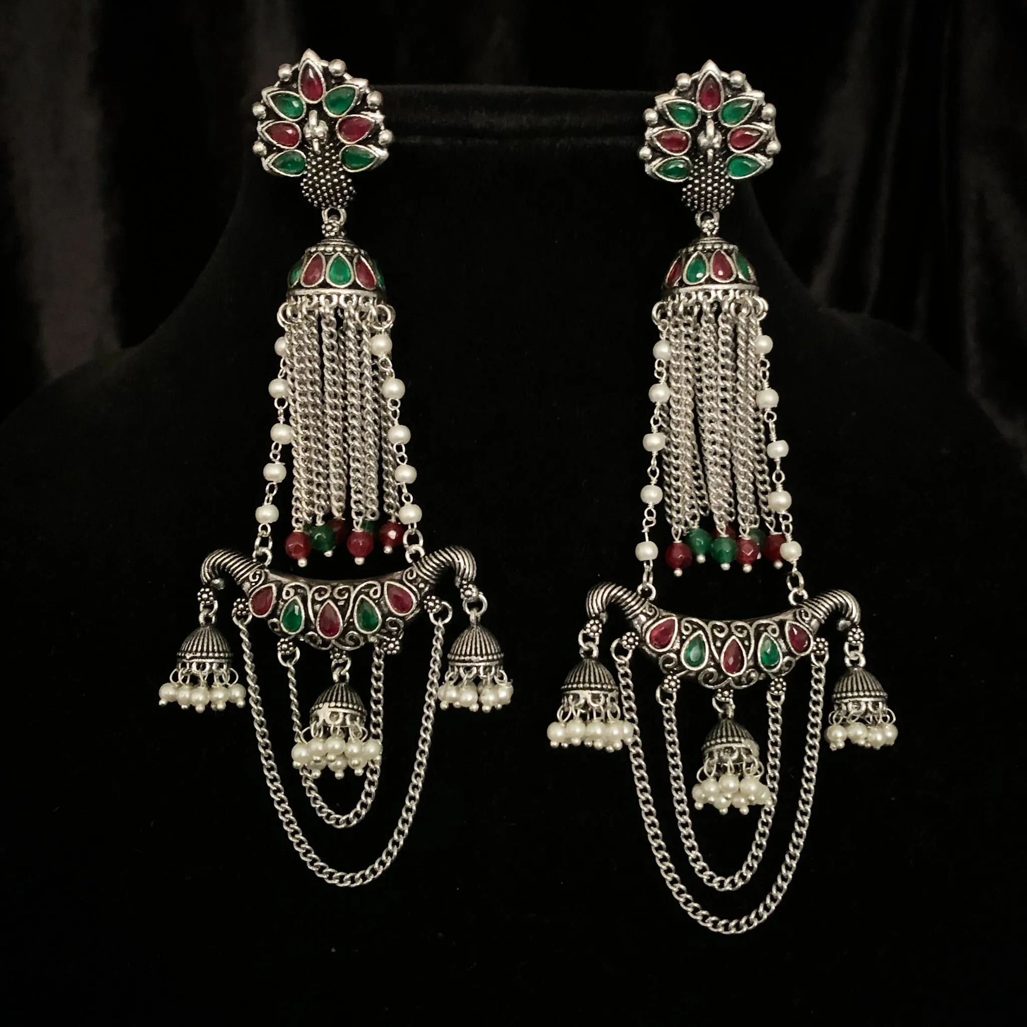 Trendy Long Oxidized Silver Designer Earring with Red and Green stones and jhumka