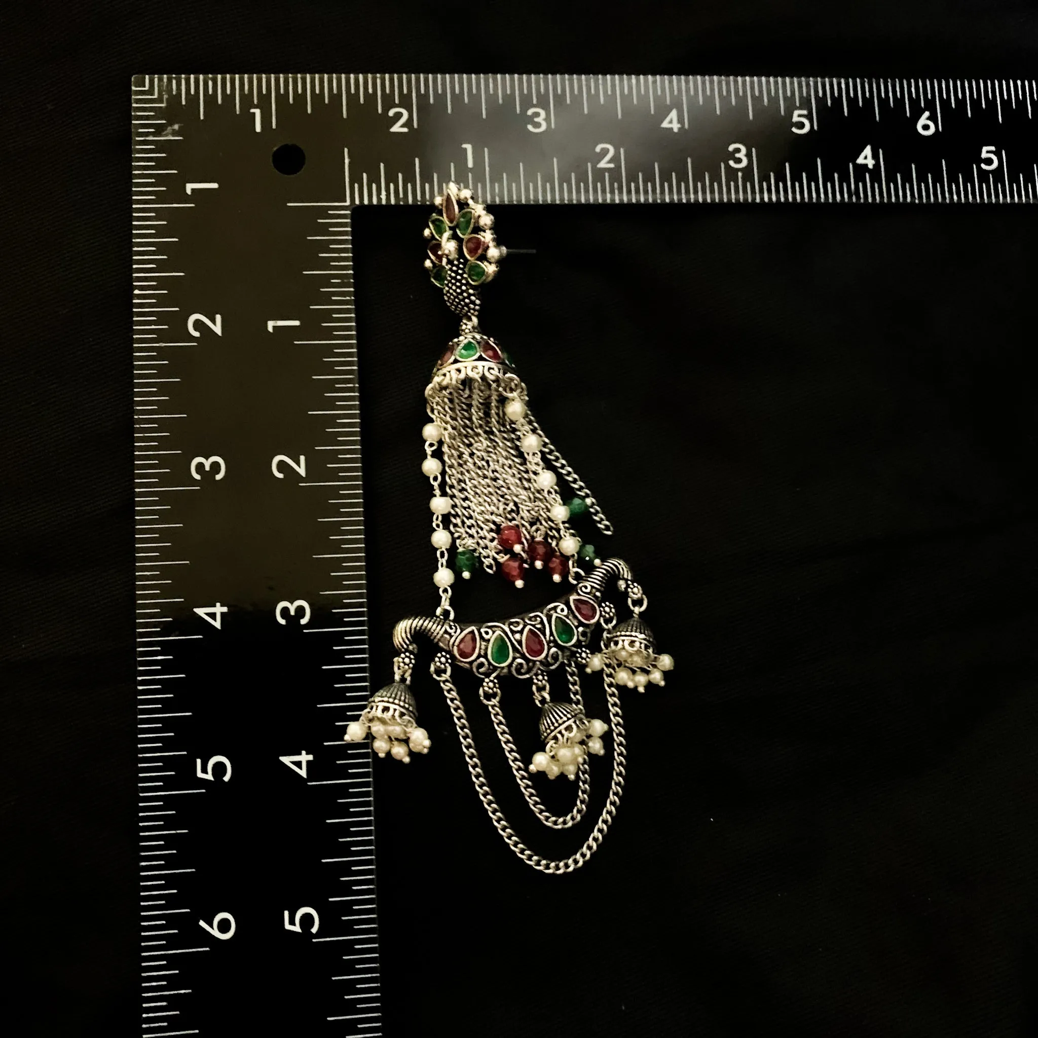 Trendy Long Oxidized Silver Designer Earring with Red and Green stones and jhumka