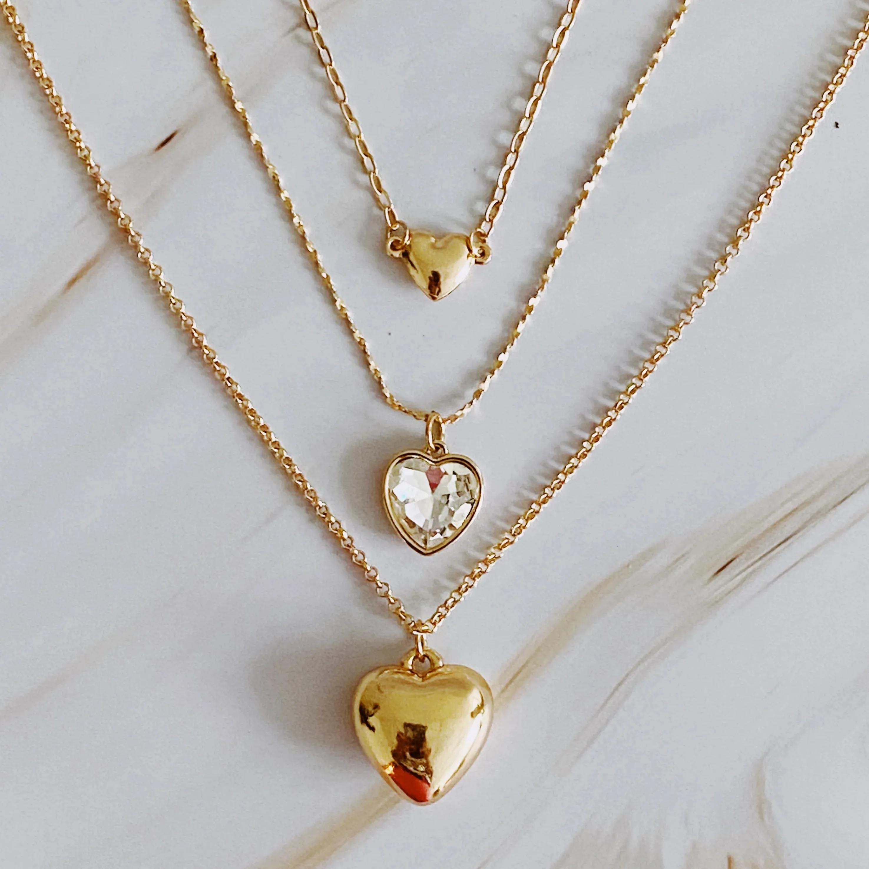 Triple Heart Pendant Necklace Set: Elegant Trio for Layered Style. Set of 3