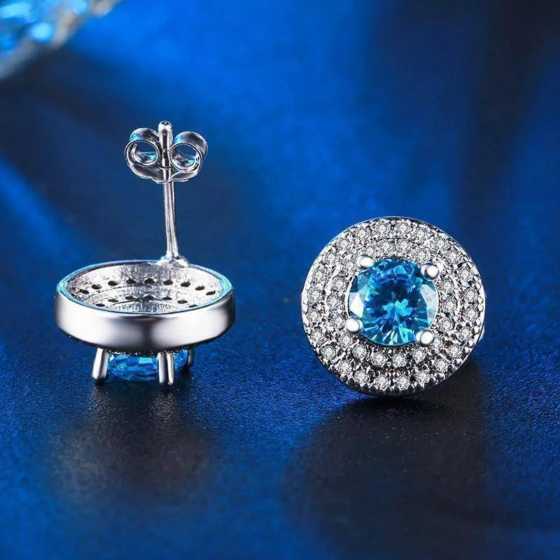 Tropical Blue CZ Double Halo 14K White Gold Plated Stud Earrings for Woman