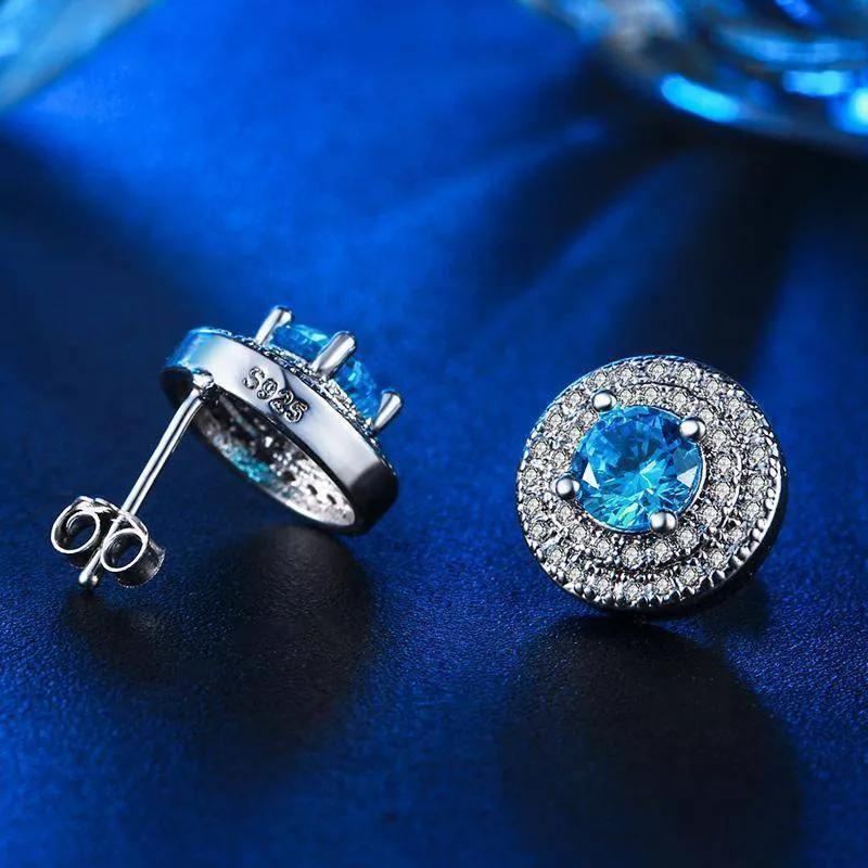 Tropical Blue CZ Double Halo 14K White Gold Plated Stud Earrings for Woman