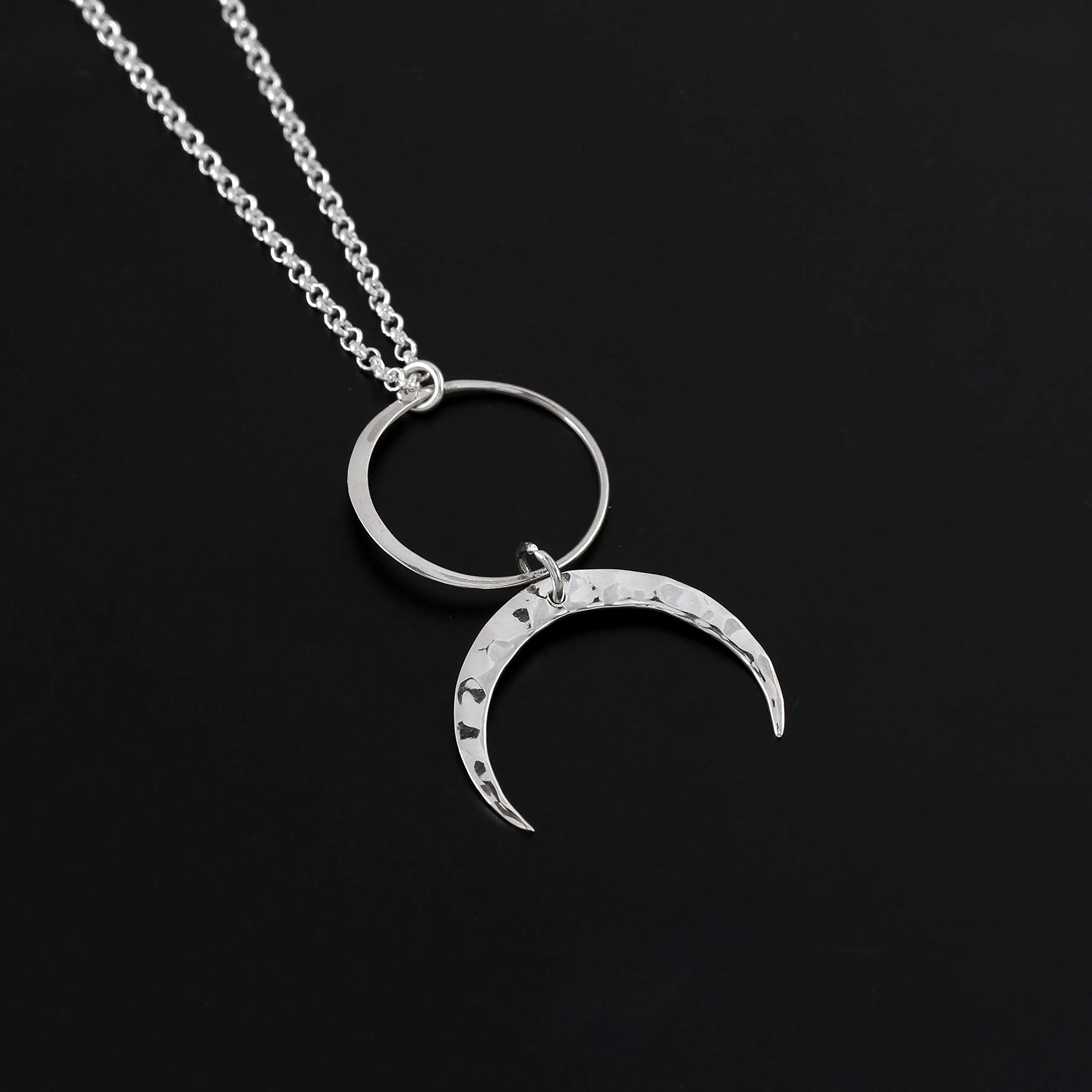 Two Cups Circle and Hammered Crescent Moon Necklace • Modern Minimalist Jewelry • Simple Feminine • Full Moon Half Moon Pendant • Goddess Necklace