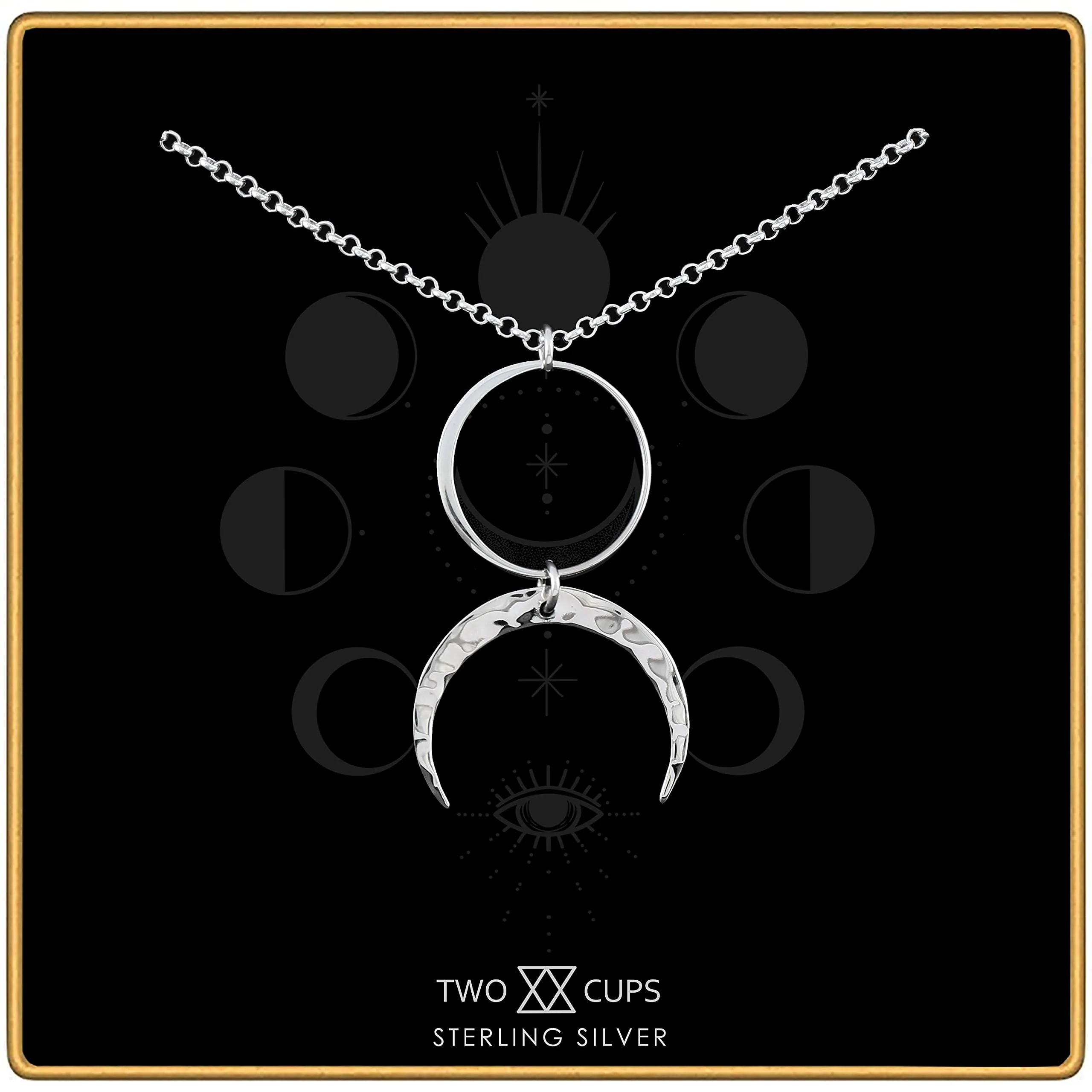 Two Cups Circle and Hammered Crescent Moon Necklace • Modern Minimalist Jewelry • Simple Feminine • Full Moon Half Moon Pendant • Goddess Necklace