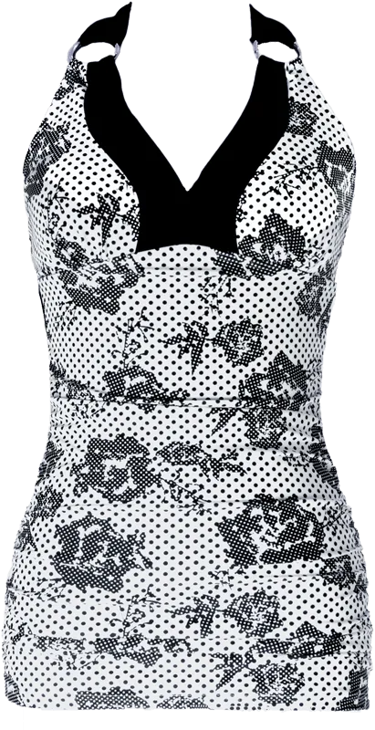 V-Ruched Halter Top - Black Flower Dots - FINAL SALE - FINAL FEW