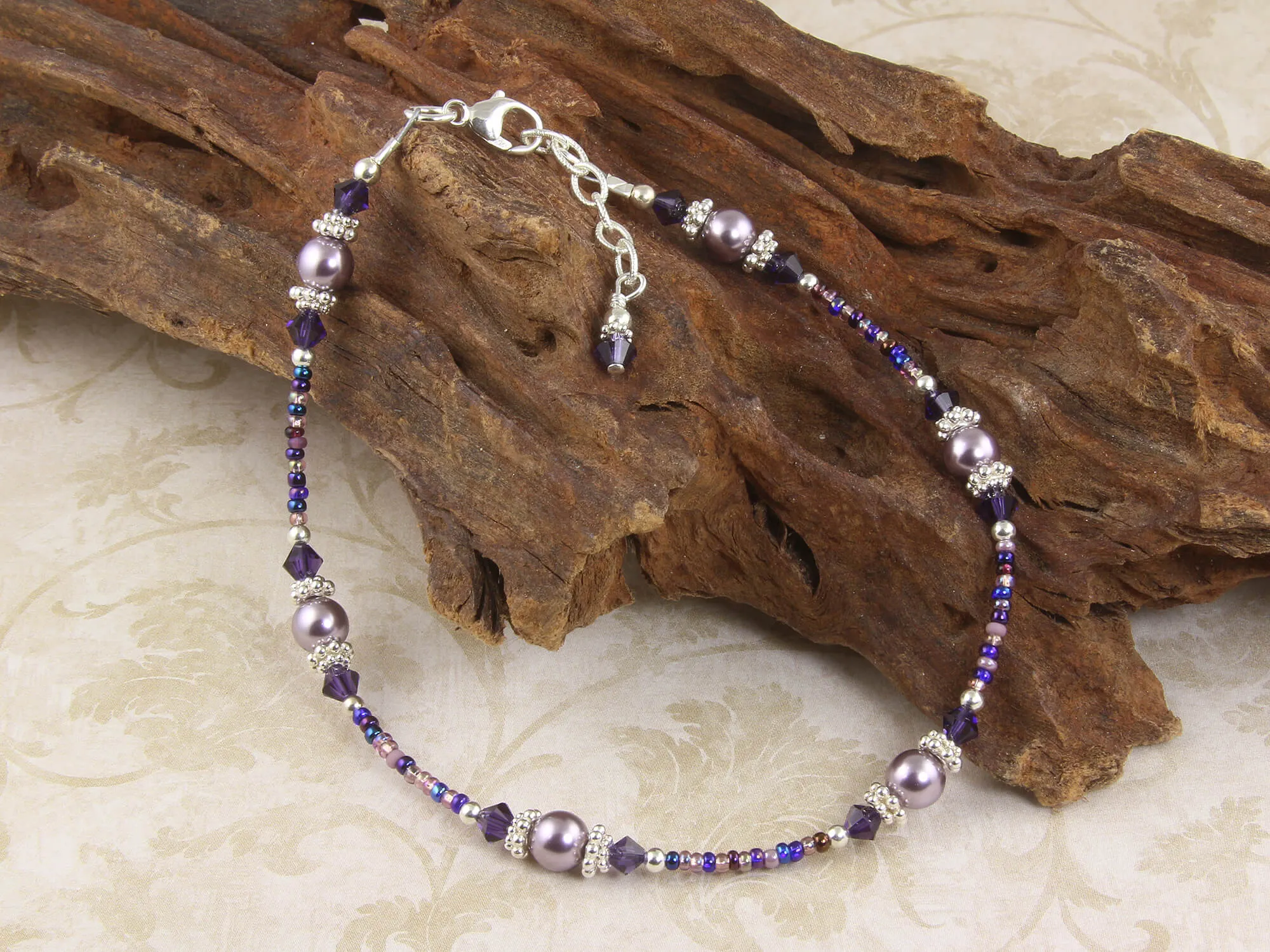 Violet Mauve Crystal Beaded Anklet