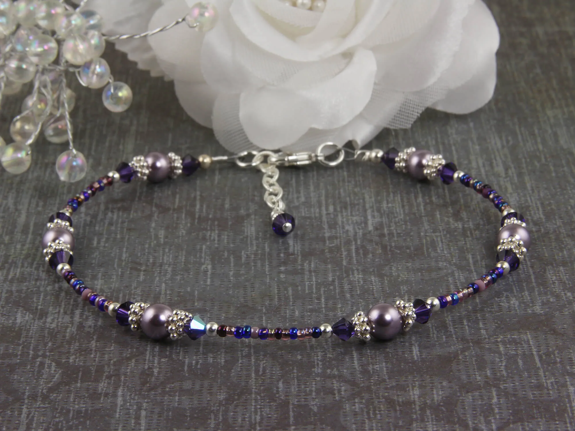 Violet Mauve Crystal Beaded Anklet