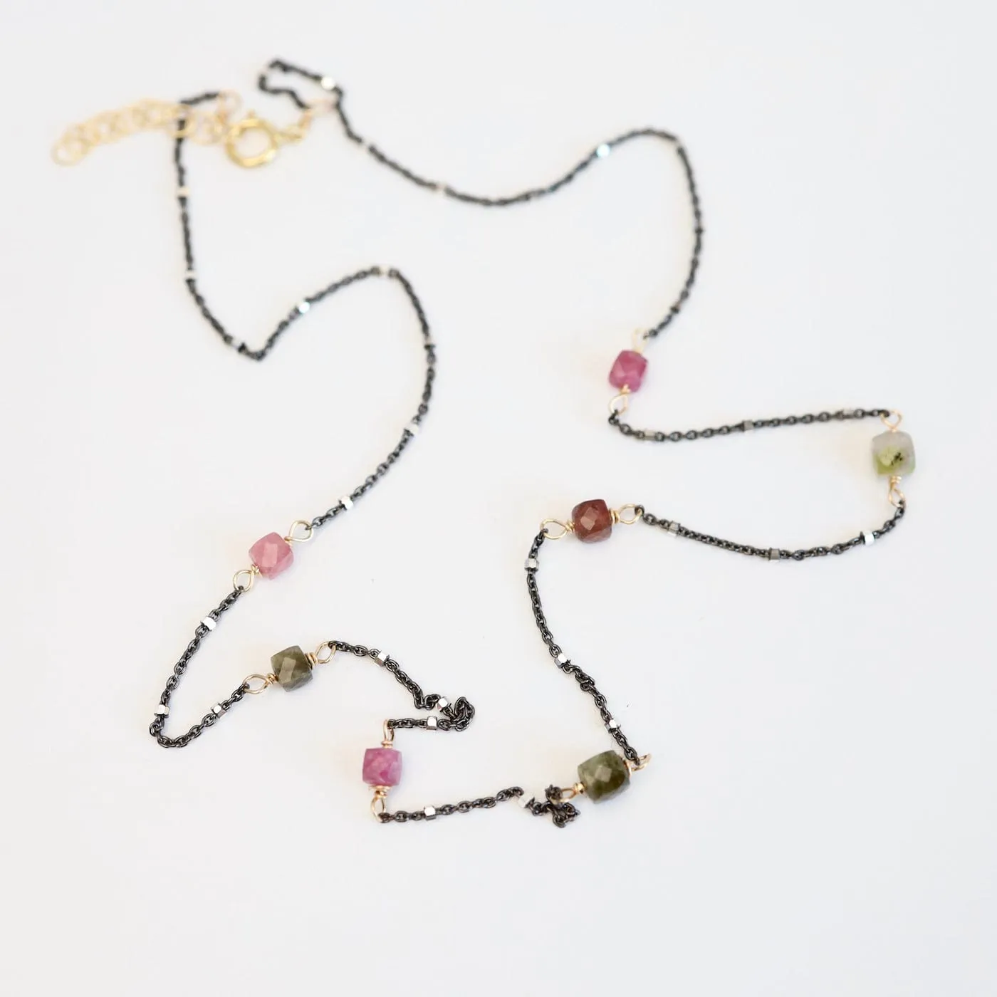 Watermelon Tourmaline Cube Station Necklace