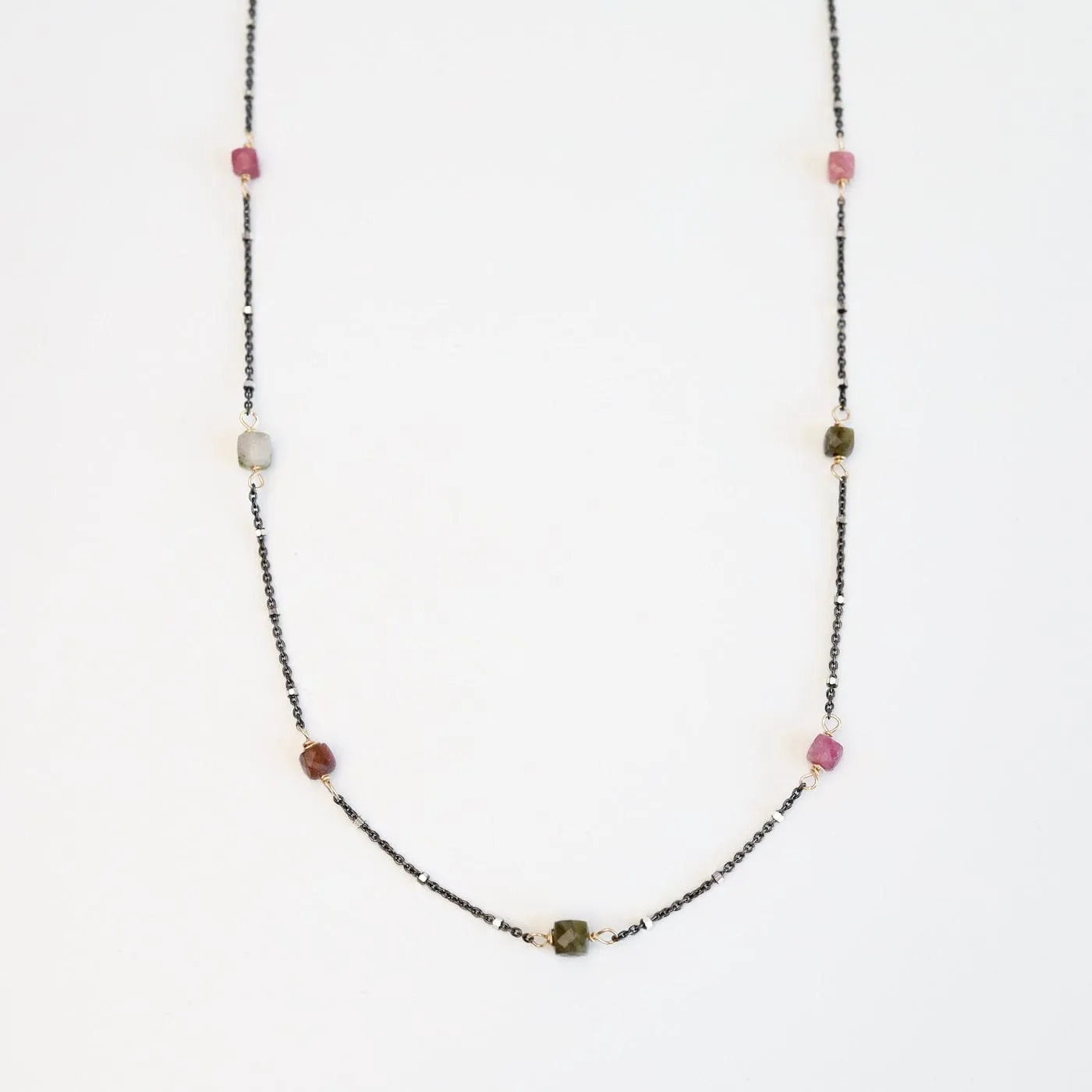 Watermelon Tourmaline Cube Station Necklace