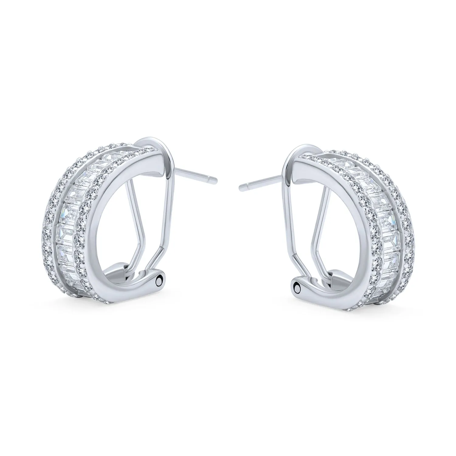 Wedding Bride Baguette CZ Stud Earrings Half Hoop Shrimp Style Omega Back Silver