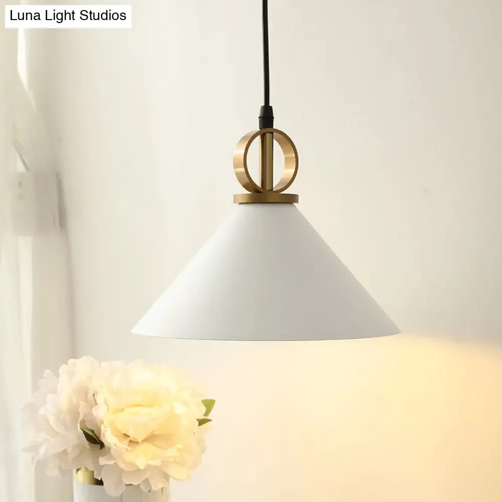 White Conical Dining Table Suspension Pendant Light with Minimalist Metal Design and Ring Knob