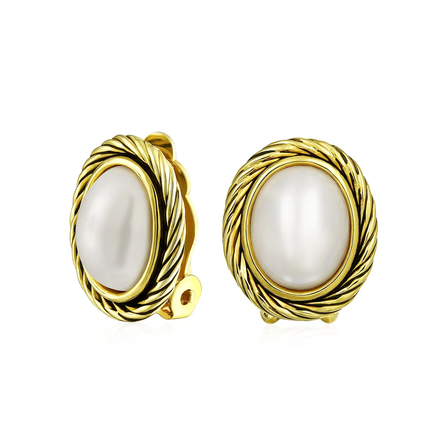 White Simulated Mabe Pearls Clip-On Earrings with Twist Rope Cable Design