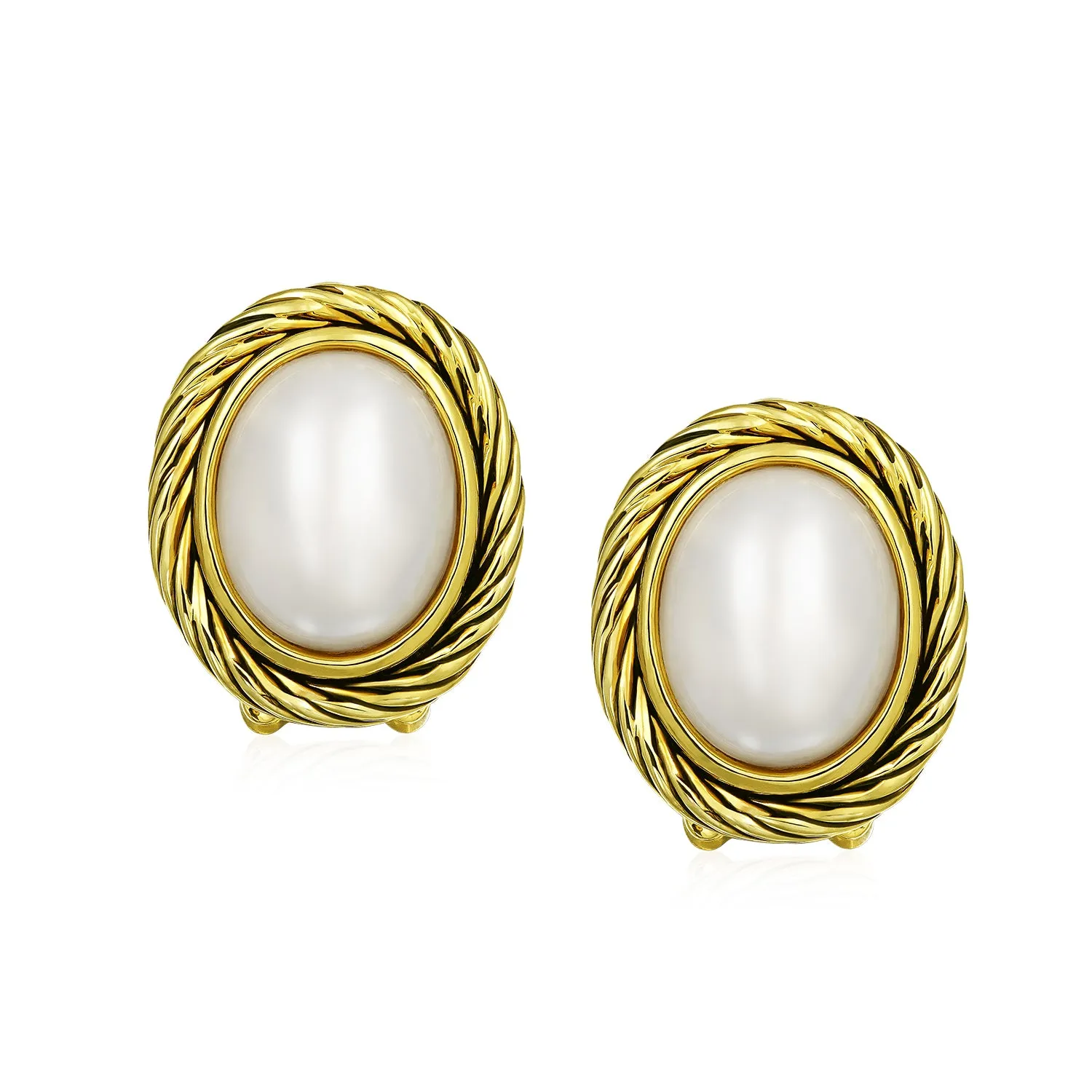 White Simulated Mabe Pearls Clip-On Earrings with Twist Rope Cable Design